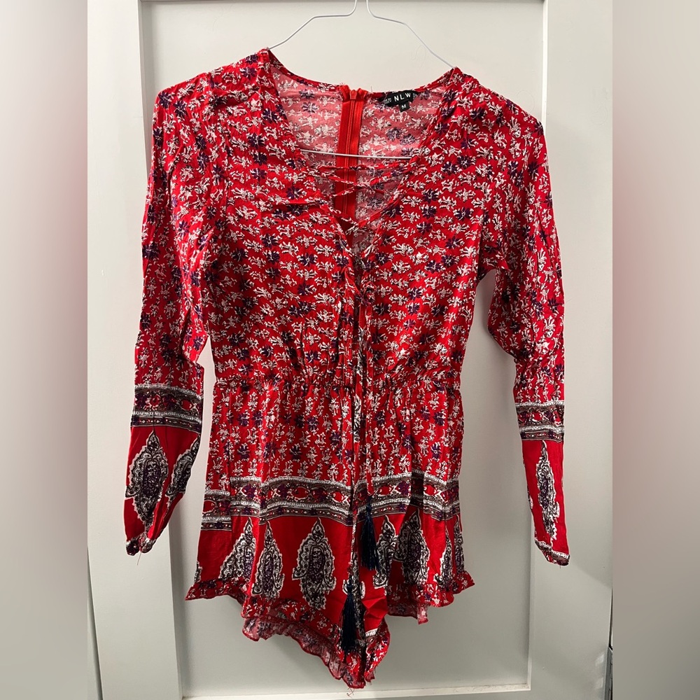 Chic Red Floral Women's Romper